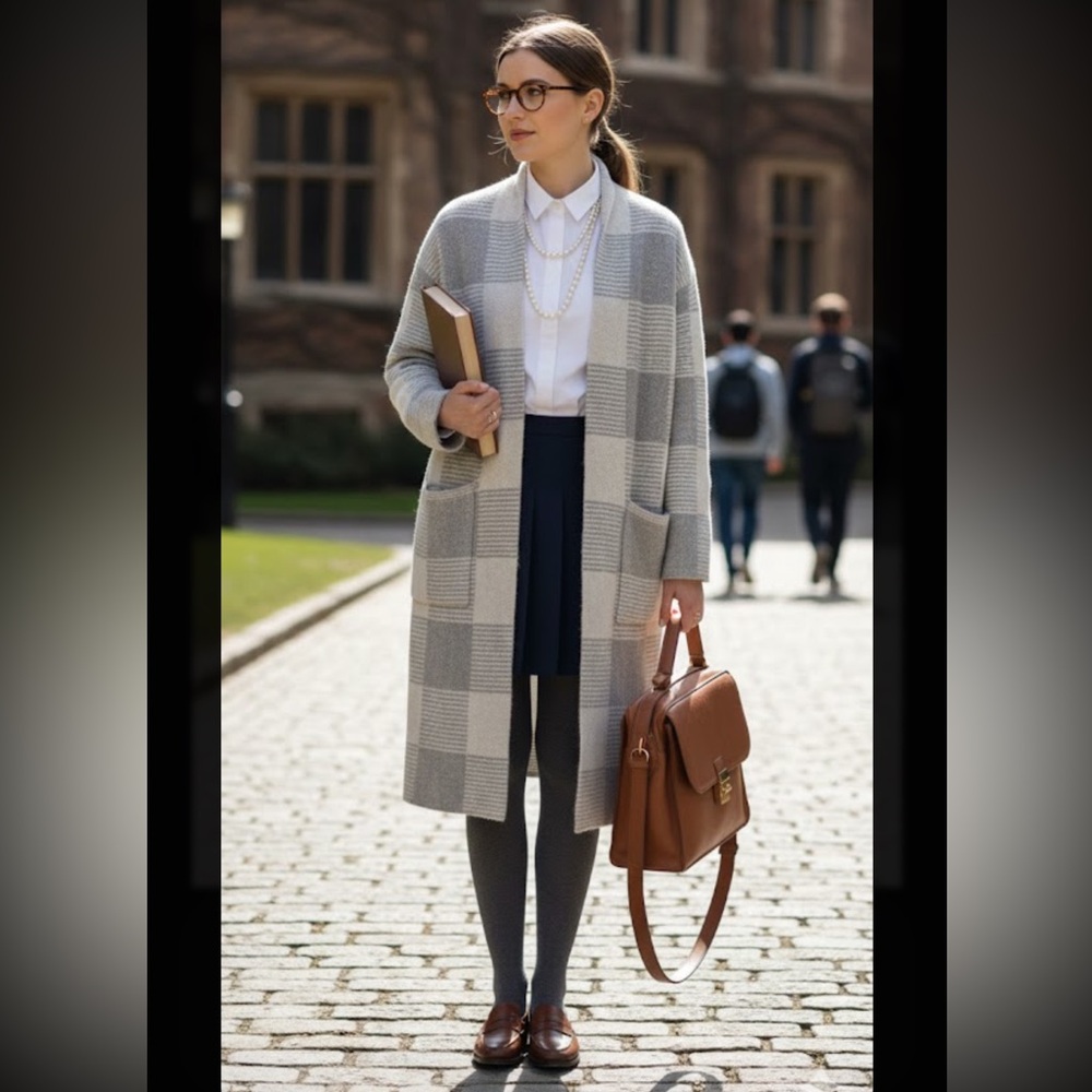 Cyrus Plaid Coatigan Cardigan White‎ Gray Long Teacher Career Office Pocket S